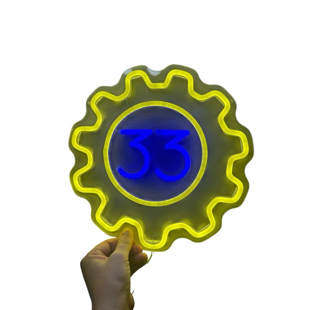 Fallout Vault 33 Neon Sign Yellow & Blue Gear USB Dimmable 11.5" Diameter LED